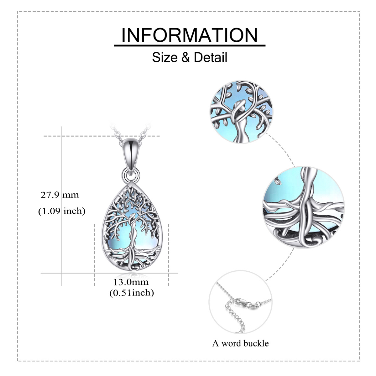 Sterling Silber Teardrop / Birne-förmigen Mondstein Baum des Lebens & Drop Form Urne Halsk-6