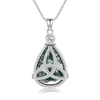 Sterling Silver Teardrop/Pear-shaped Moss Agate Celtic Knot & Drop Shape Pendant Necklace-10