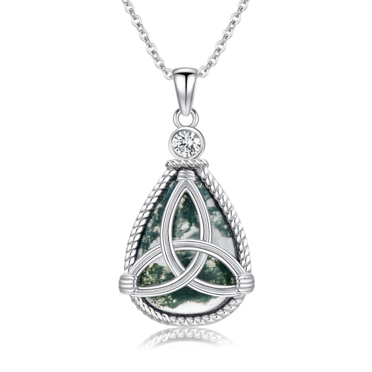 Sterling Silver Teardrop/Pear-shaped Moss Agate Celtic Knot & Drop Shape Pendant Necklace