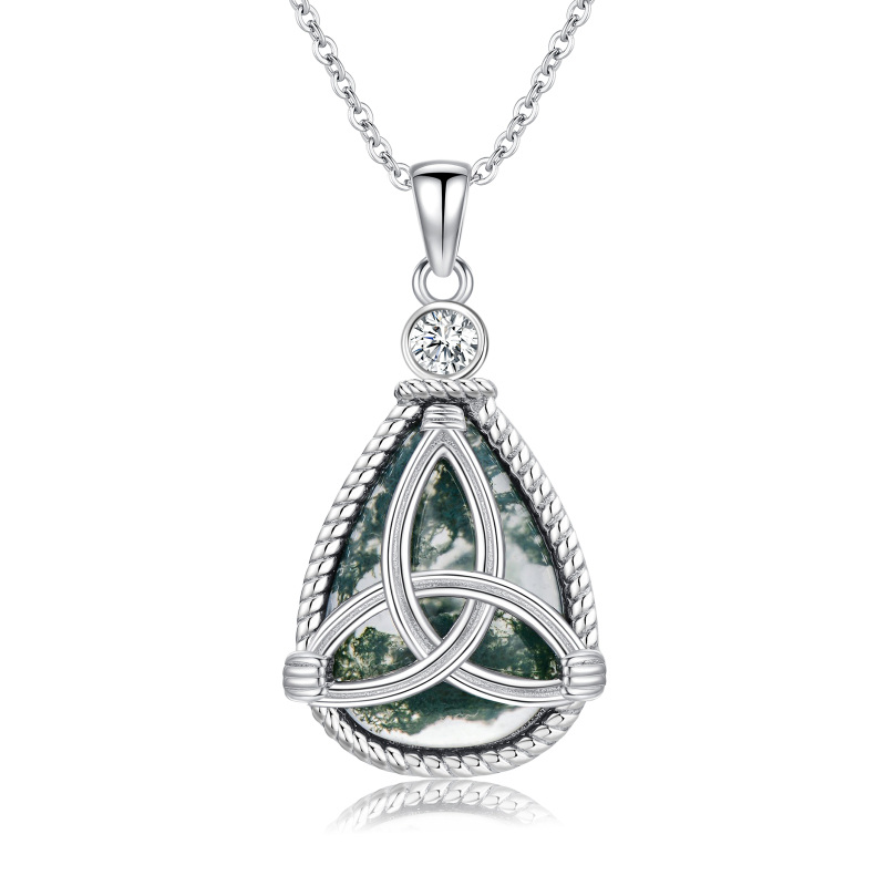 Sterling Silver Teardrop/Pear-shaped Moss Agate Celtic Knot & Drop Shape Pendant Necklace-12
