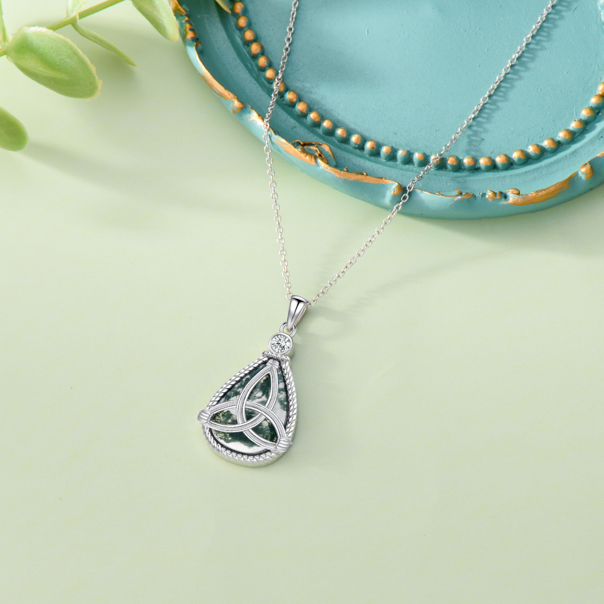 Sterling Silver Teardrop/Pear-shaped Moss Agate Celtic Knot & Drop Shape Pendant Necklace-5