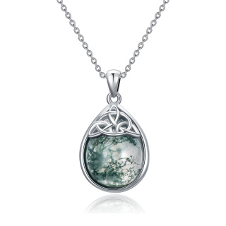 Sterling Silver Teardrop/Pear-shaped Moss Agate Celtic Knot Pendant Necklace-5