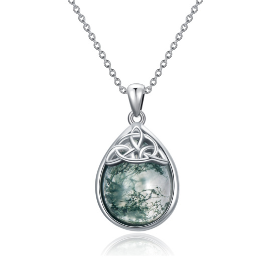 Sterling Silver Teardrop/Pear-shaped Moss Agate Celtic Knot Pendant Necklace-2