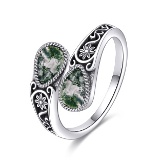 Sterling Silver Teardrop/Pear-shaped Moss Agate Drop Shape Ring-2