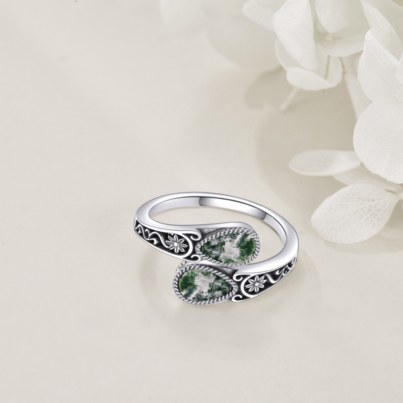 Sterling Silver Teardrop/Pear-shaped Moss Agate Drop Shape Ring-3