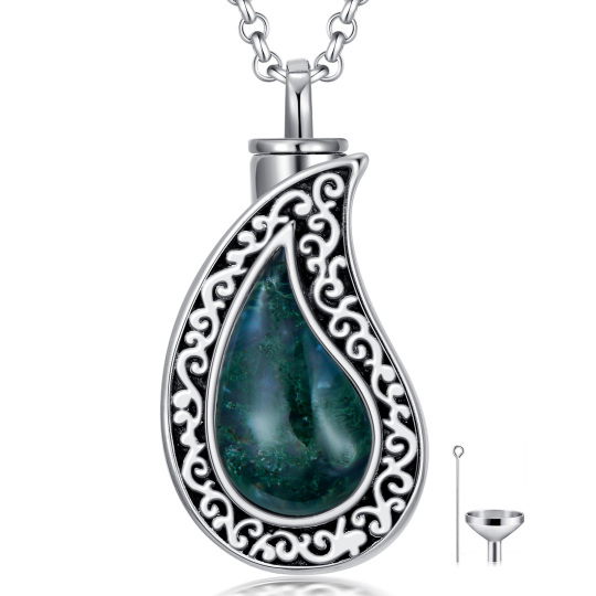 Collier Urne en argent sterling en forme de goutte ou de poire en agate mousse filigranée