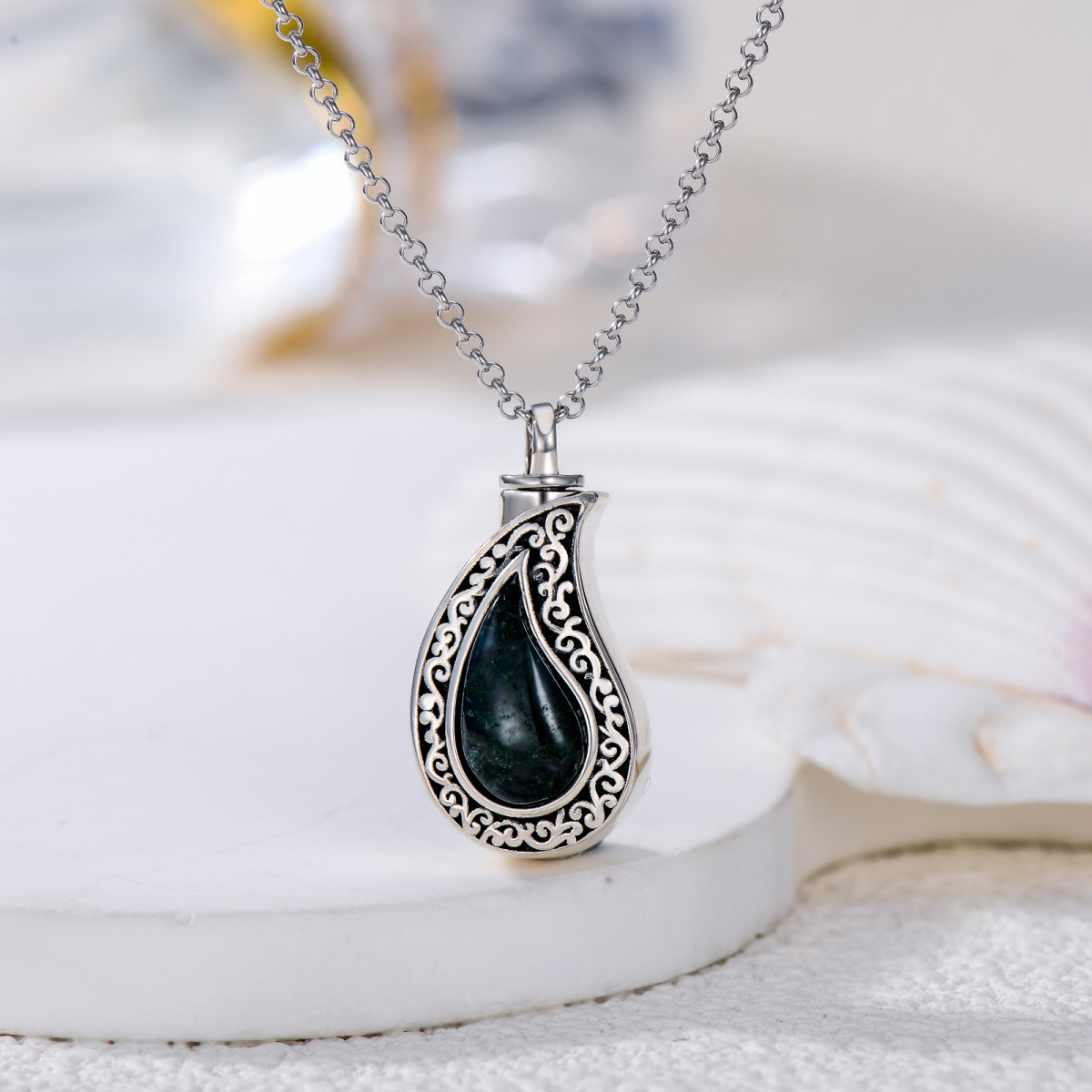 Sterling Silver Teardrop/Pear-shaped Moss Agate Filigree Urn Necklace for Ashes-3