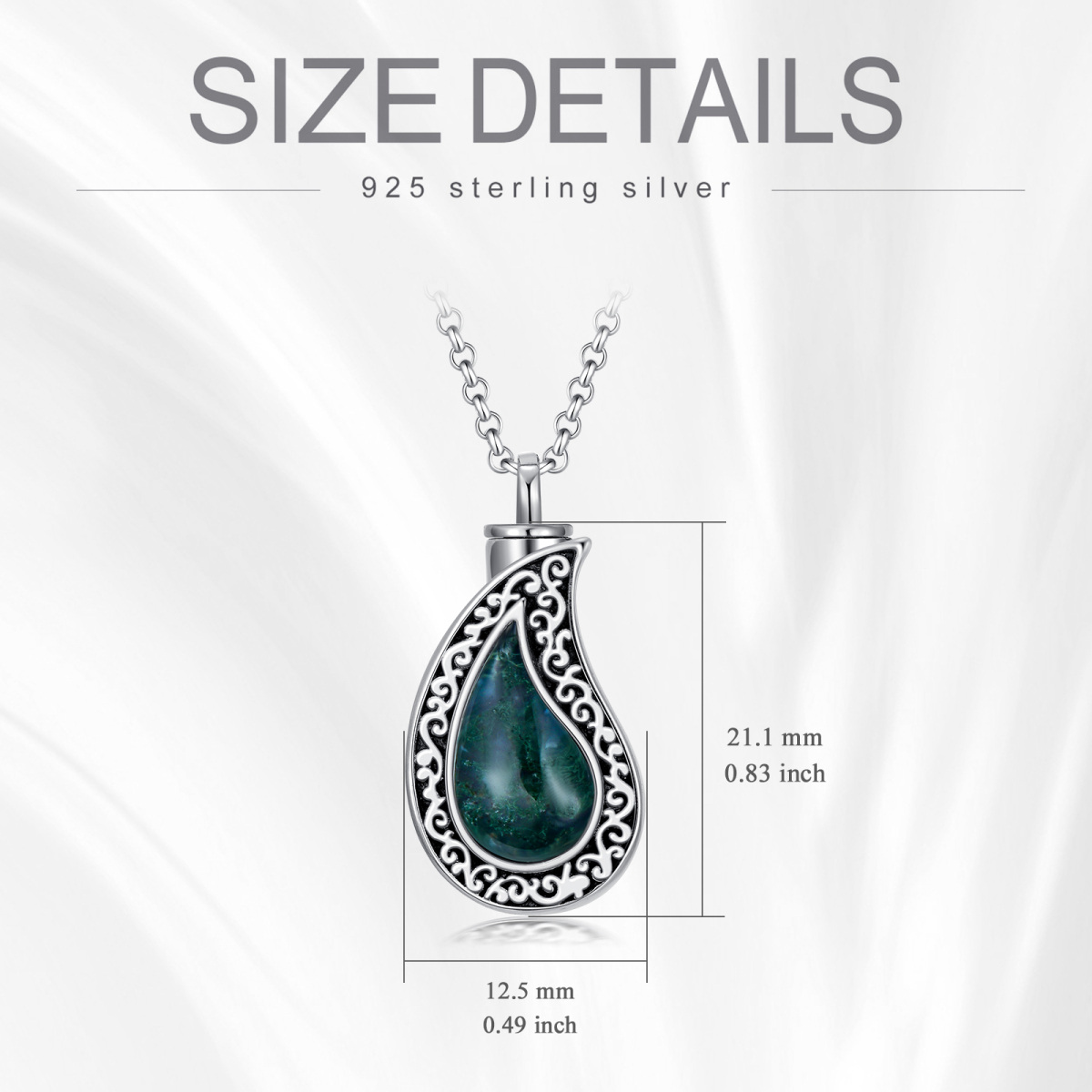 Sterling Silver Teardrop/Pear-shaped Moss Agate Filigree Urn Necklace for Ashes-5