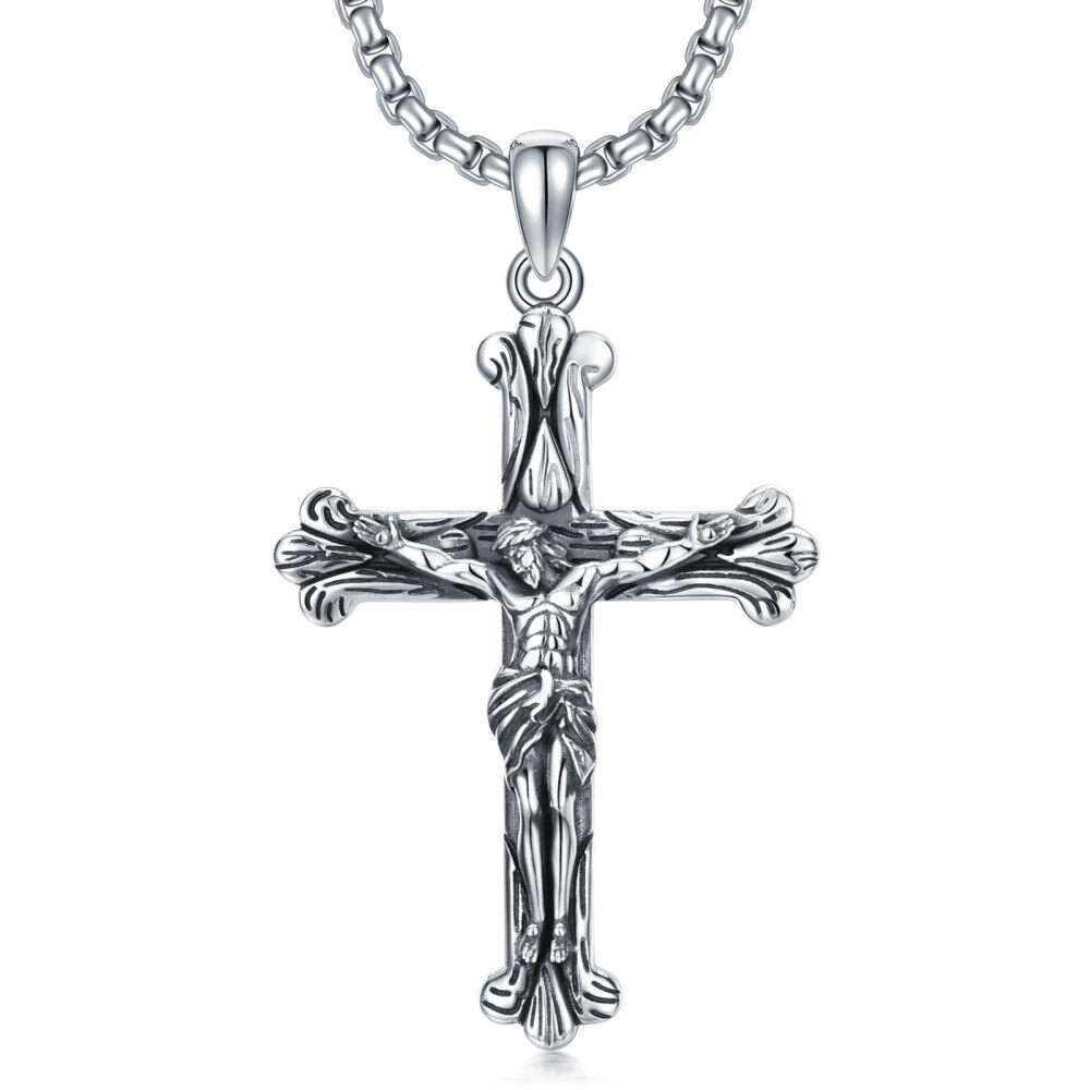 Cruz de prata esterlina texturizada com pingente de Jesus Colar para homens-1