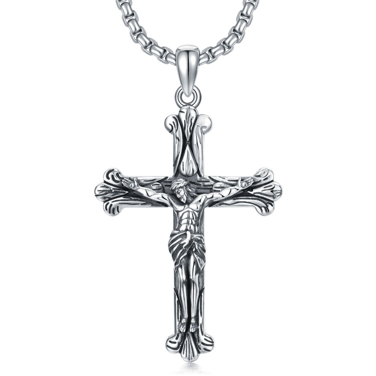 Croce testurizzata in argento sterling con ciondolo a forma di Gesù - Collana da uomo-1