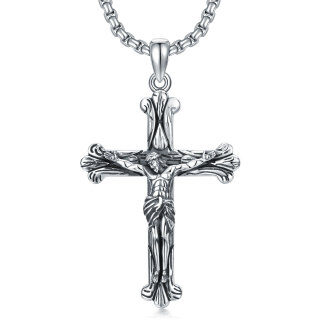 Sterling Silver Textured Cross with Jesus Pendant Necklace for Men-60
