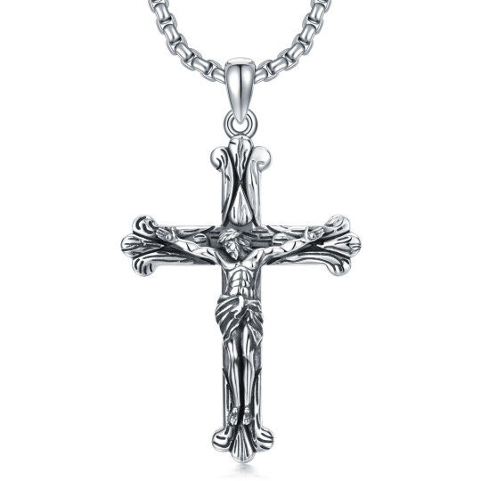 Sterling Silver Textured Cross with Jesus Pendant Necklace for Men