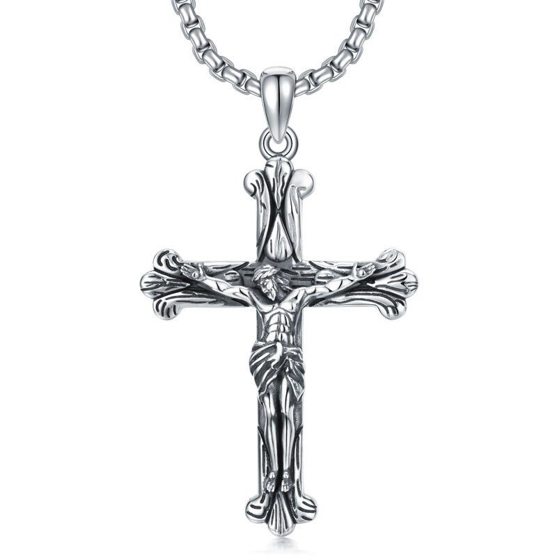 Sterling Silver Textured Cross with Jesus Pendant Necklace for Men