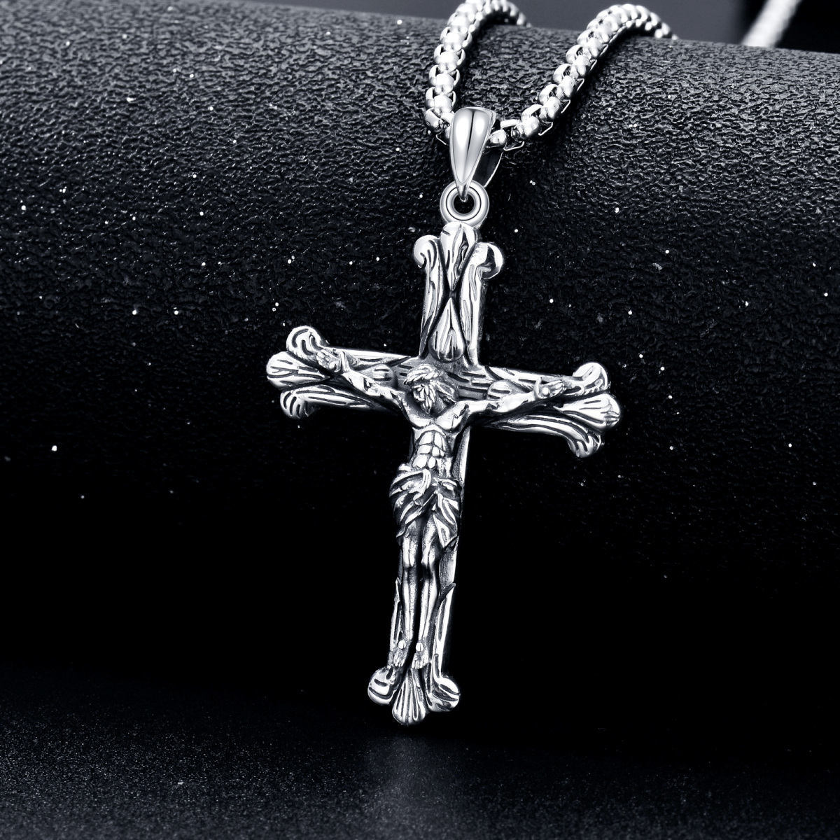 Sterling Silver Textured Cross with Jesus Pendant Necklace for Men-3