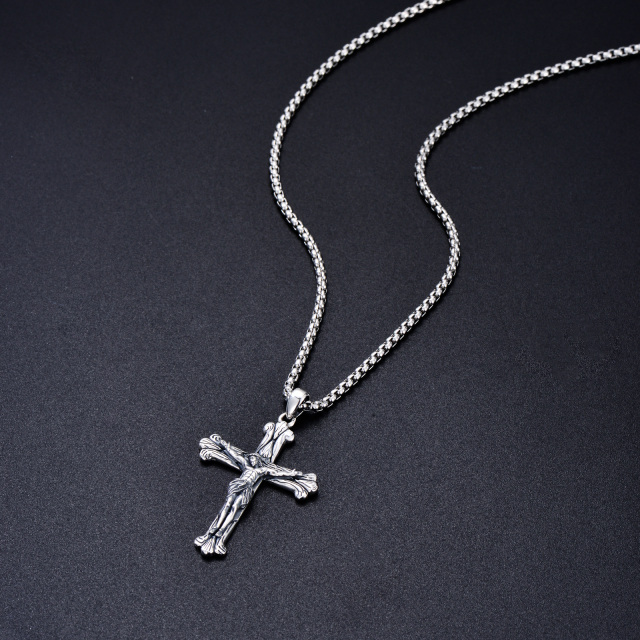 Collar de plata de ley con textura de cruz con colgante de Jesús para hombre-4