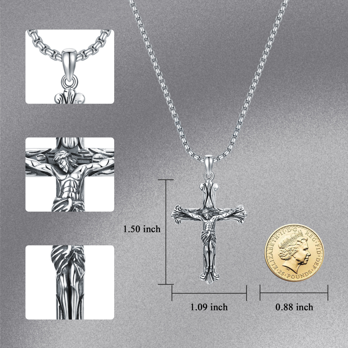 Sterling Silver Textured Cross with Jesus Pendant Necklace for Men-5