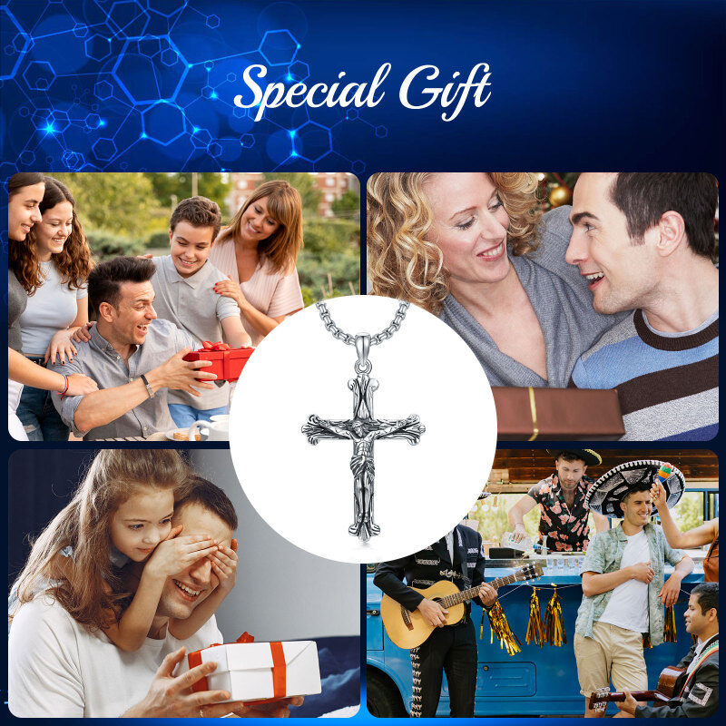 Sterling Silver Textured Cross with Jesus Pendant Necklace for Men-6