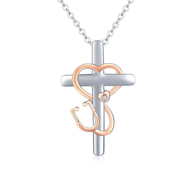 Collar con cruz de estetoscopio de oro rosa y plata de ley 925 para médicos y enfermeras.-1