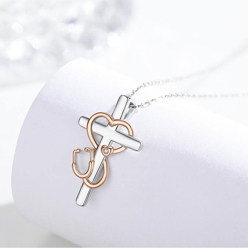 Collar con cruz de estetoscopio de oro rosa y plata de ley 925 para médicos y enfermeras.-2