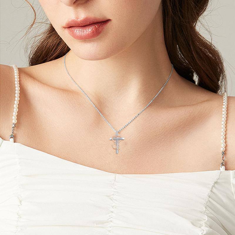 Collar con cruz de estetoscopio de oro rosa y plata de ley 925 para médicos y enfermeras.-3
