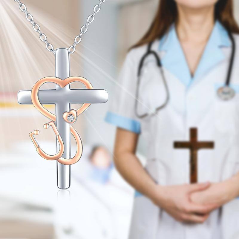 925 sterling silver themed rose gold stethoscope cross necklace for doctor nurse medical jewelry-5