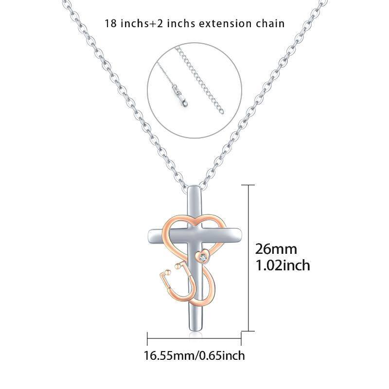 Collar con cruz de estetoscopio de oro rosa y plata de ley 925 para médicos y enfermeras.-6