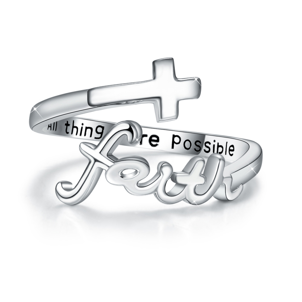 Anello aperto in argento sterling All Things Are Possible Faith Cross per donna-1