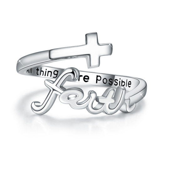 Anillo abierto con cruz de fe y frase "Todo es posible" en plata de ley para mujer-1