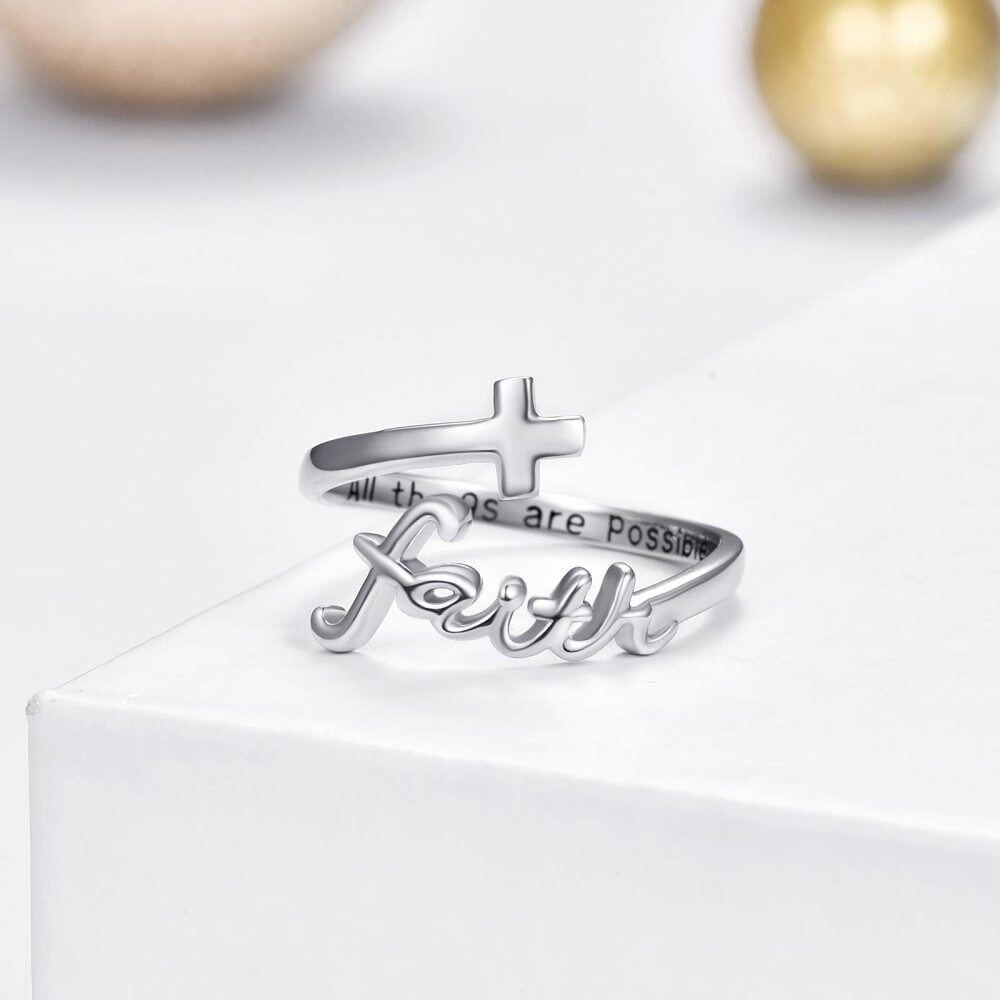 Anello aperto in argento sterling All Things Are Possible Faith Cross per donna-4
