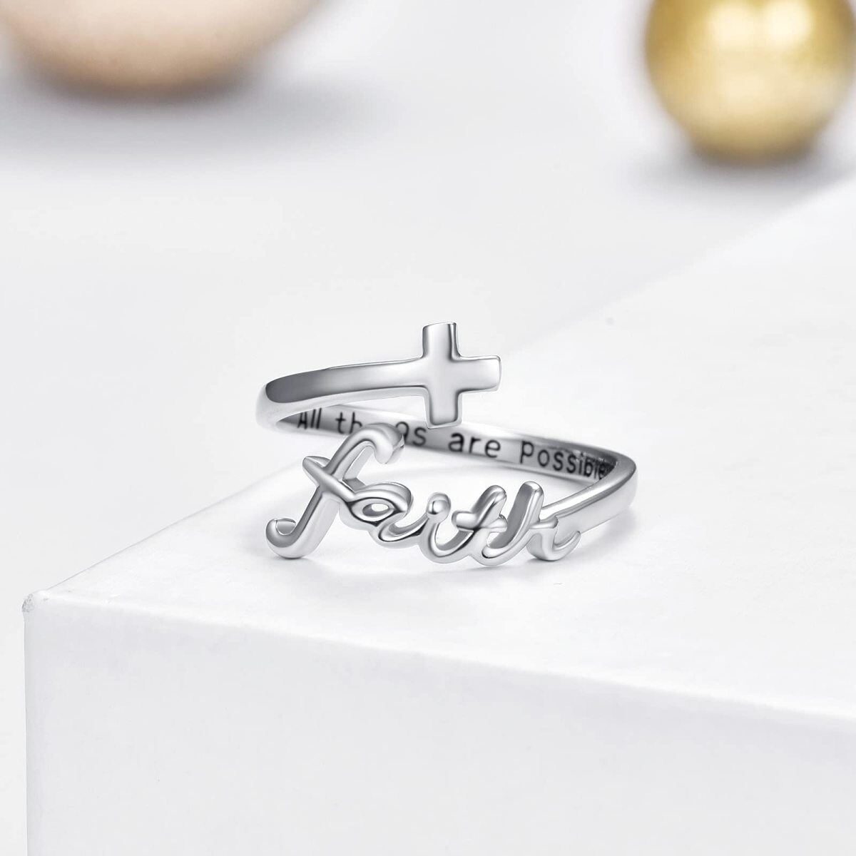 Bague ouverte en argent sterling avec croix de foi « All Things Are Possible » pour femme-4