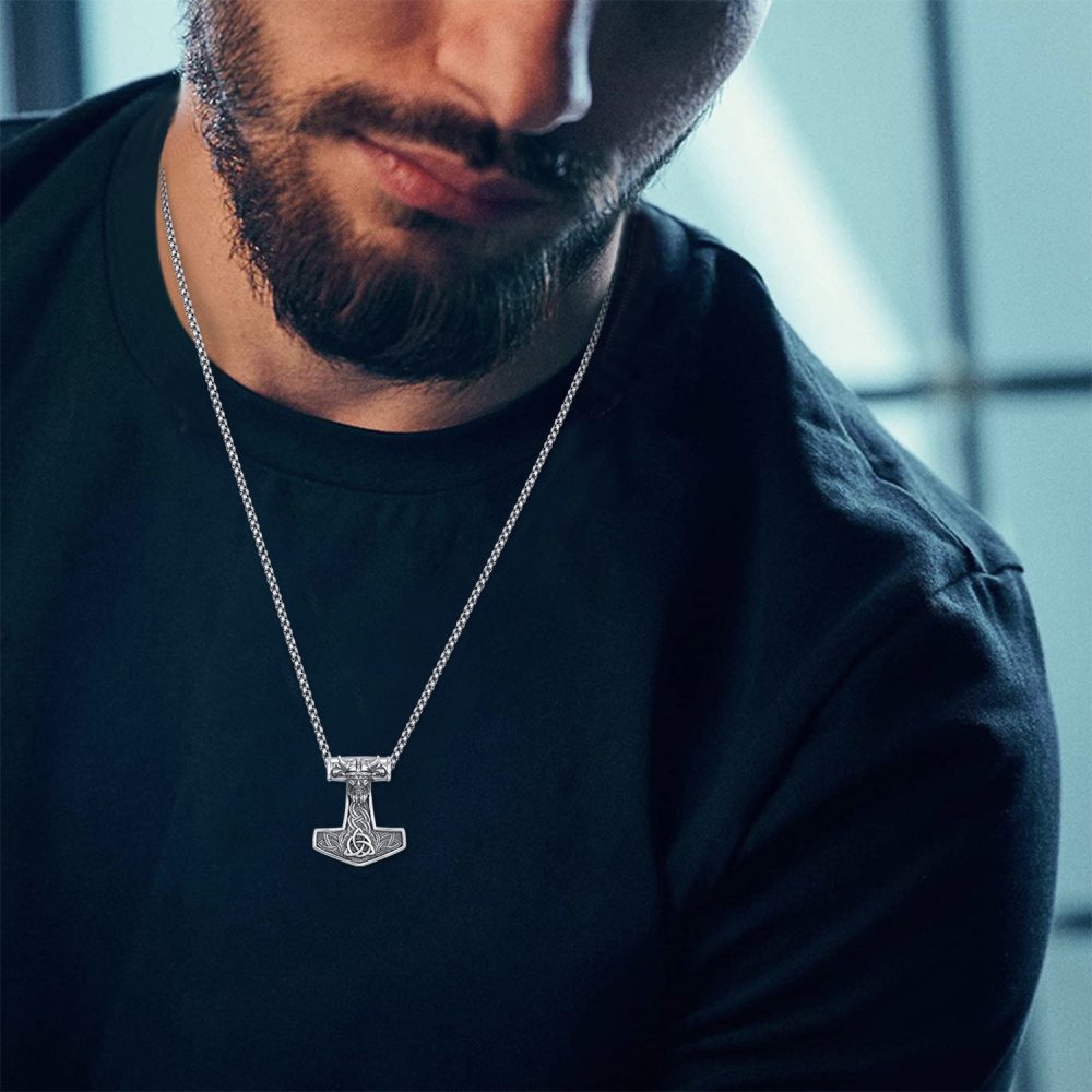 Sterling Silver Thor's Hammer Odin Norse Pendant Necklace for Men-2