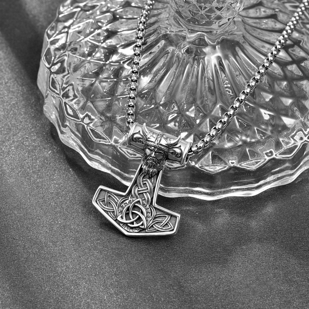 Sterling Silver Thor's Hammer Odin Norse Pendant Necklace for Men-3