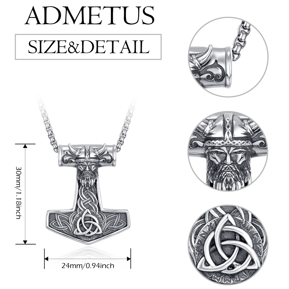 Sterling Silver Thor's Hammer Odin Norse Pendant Necklace for Men-5