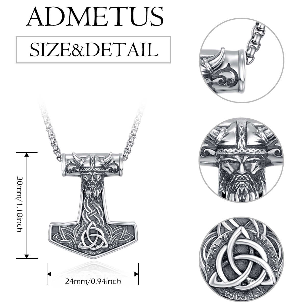 Colar de prata esterlina com pendente Thor's Hammer Odin Norse para homem-5