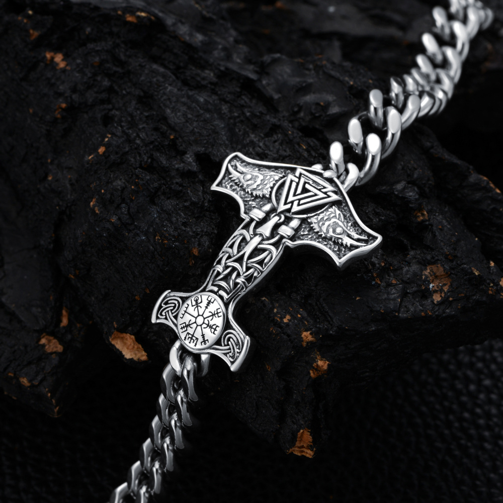 Sterling Silver Thor's Hammer Charm Bracelet for Men-3
