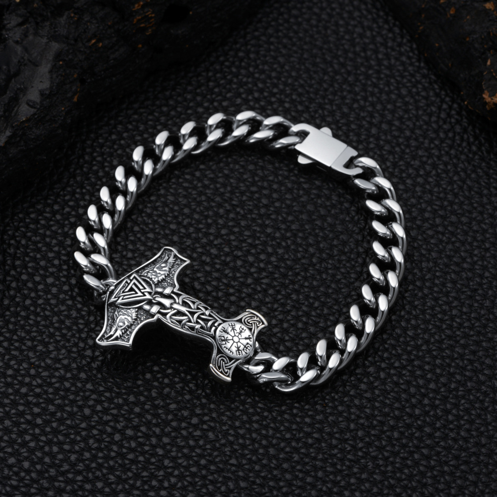 Sterling Silver Thor's Hammer Charm Bracelet for Men-4