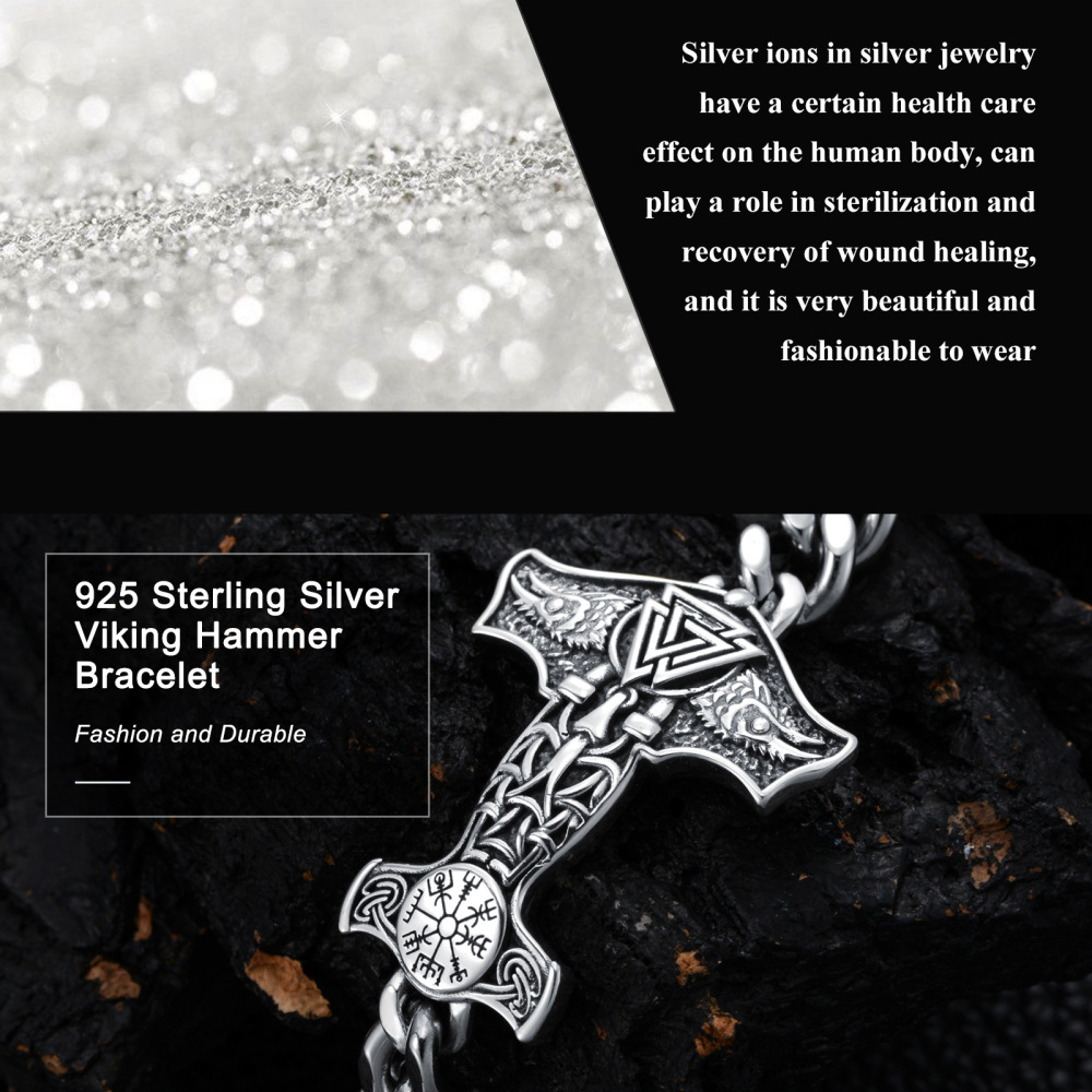 Sterling Silver Thor's Hammer Charm Bracelet for Men-5