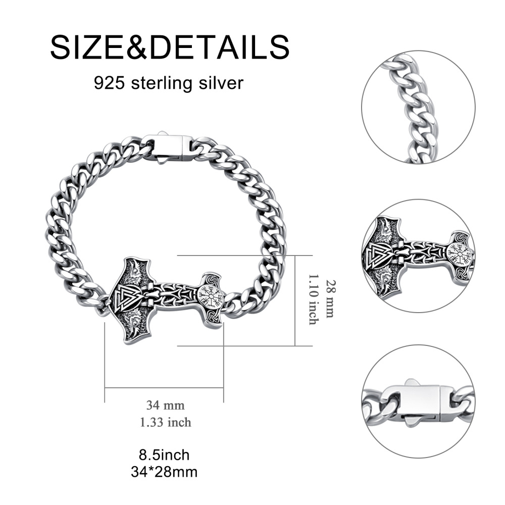 Sterling Silver Thor's Hammer Charm Bracelet for Men-6