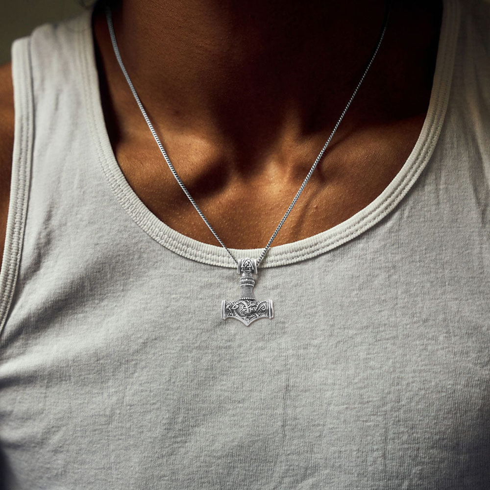 Collar Colgante Martillo de Thor de Plata de Ley con Cadena de Cuerda para Hombre-2