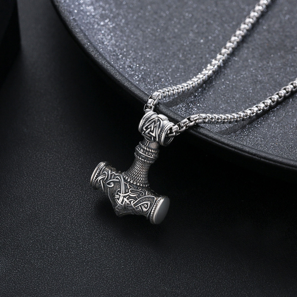 Collar Colgante Martillo de Thor de Plata de Ley con Cadena de Cuerda para Hombre-3