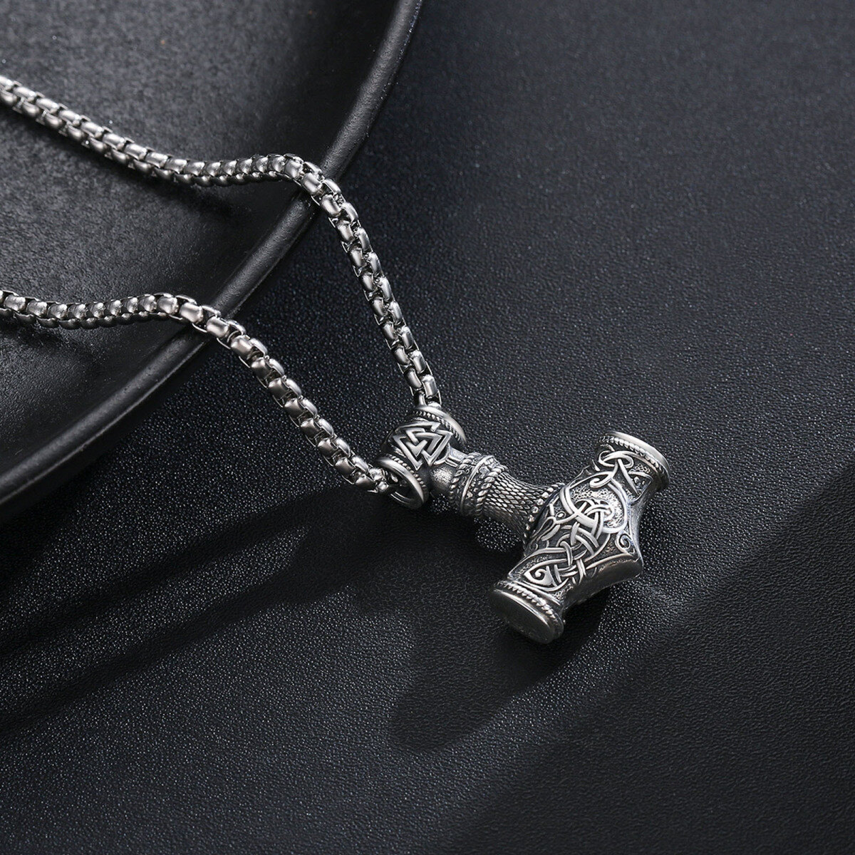 Sterling Silver Thor's Hammer Pendant Necklace with Rope Chain for Men-4