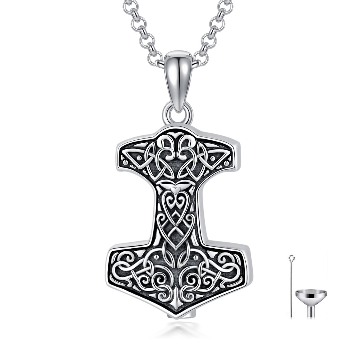 Sterling Silber Thor's Hammer Urne Halskette für Asche für Männer mit Rolo Kette-1