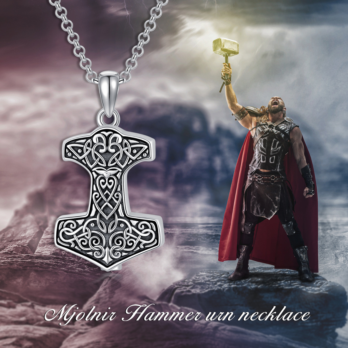 Sterling Silber Thor's Hammer Urne Halskette für Asche für Männer mit Rolo Kette-3