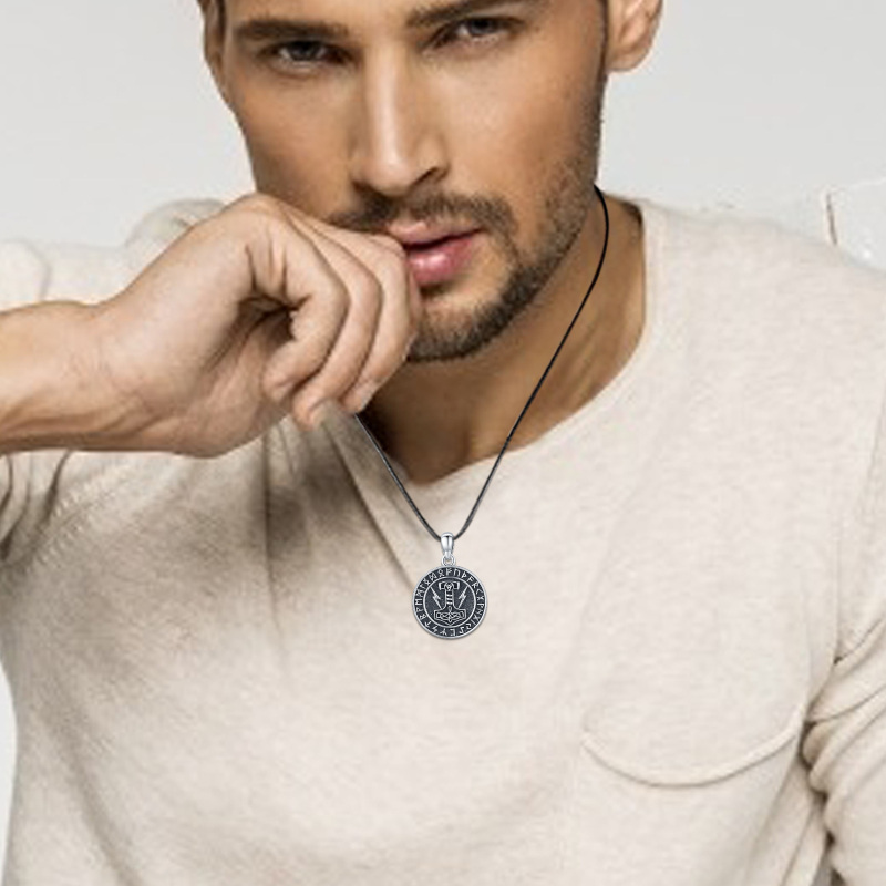 Sterling Silver Thor's Hammer & Viking Rune Pendant Necklace for Men-2