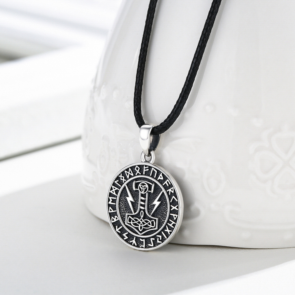 Sterling Silver Thor's Hammer & Viking Rune Pendant Necklace for Men-4