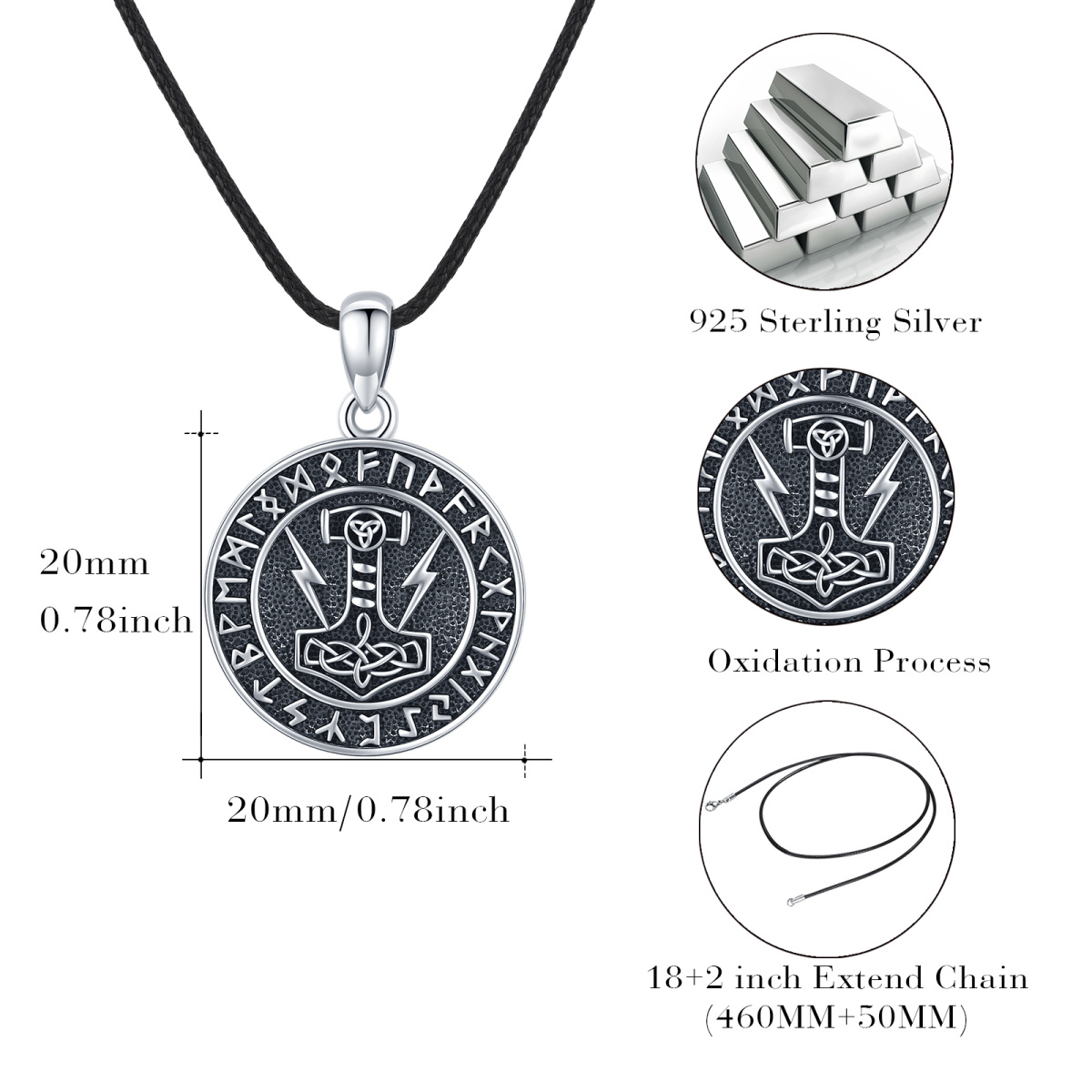 Collana con ciondolo a forma di martello di Thor e runa vichinga in argento sterling per uomo-6