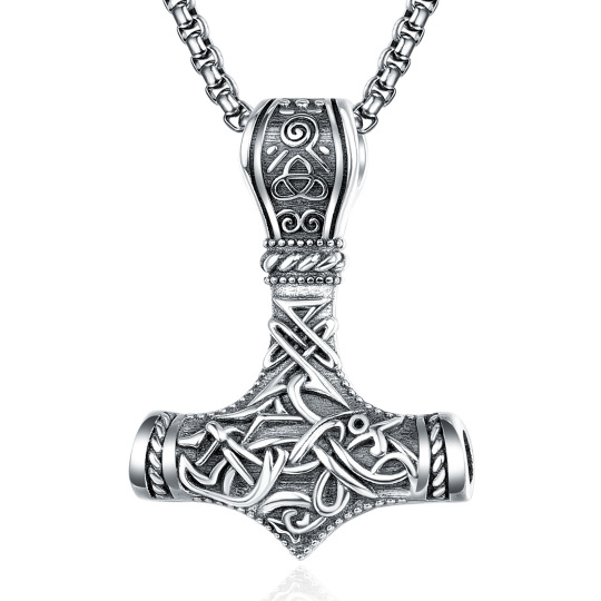 Sterling Silver Thor's Hammer & Viking Rune Pendant Necklace for Men