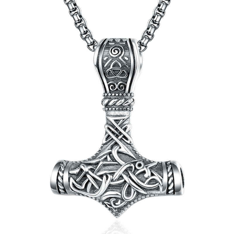 Sterling Silver Thor's Hammer & Viking Rune Pendant Necklace for Men-14