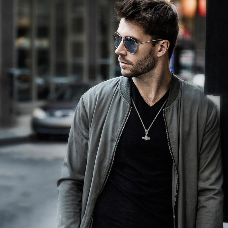 Sterling Silver Thor's Hammer & Viking Rune Pendant Necklace for Men-2