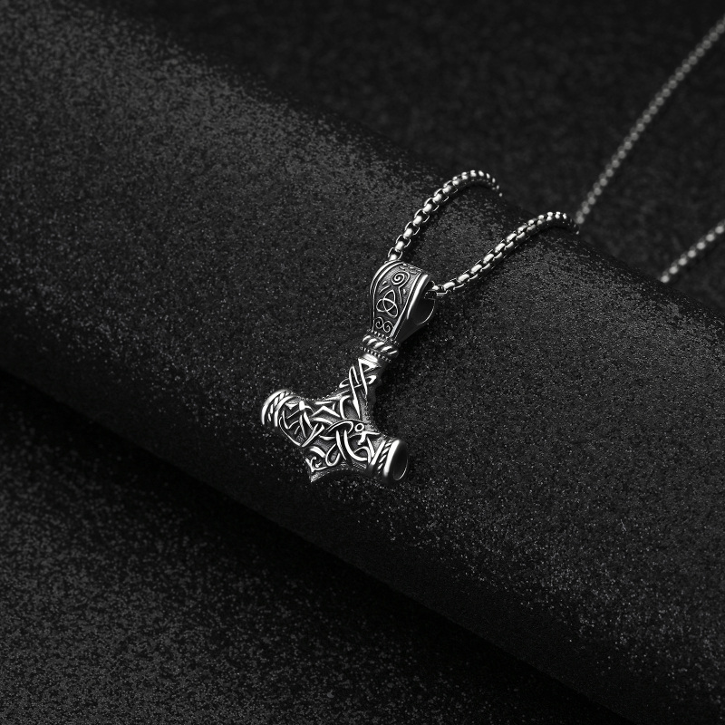 Sterling Silver Thor's Hammer & Viking Rune Pendant Necklace for Men-3